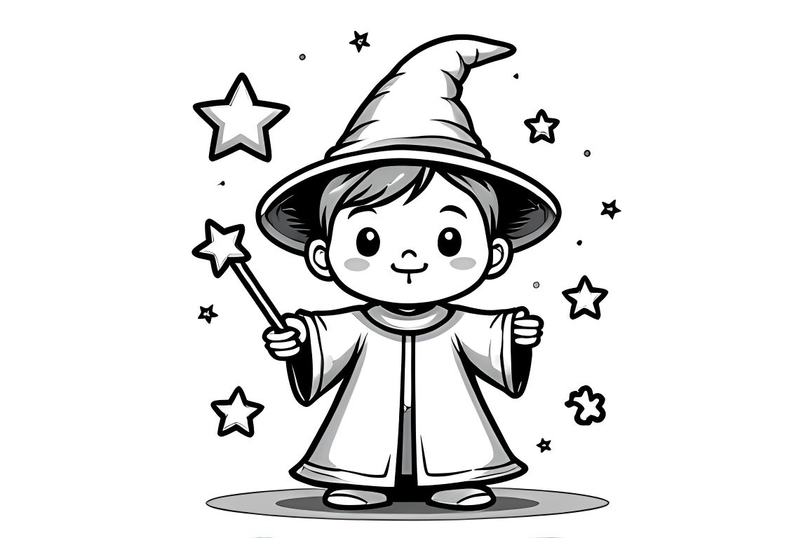 Simple children's coloring book illustration of a baby wizard with magic wand and stars, perfect for toddlers
