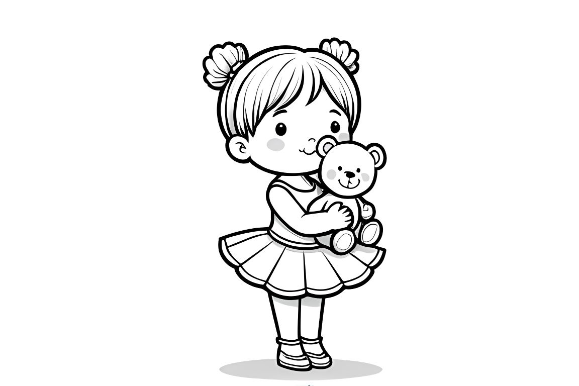Simple children's coloring book illustration of a sweet ballerina holding her teddy bear, ideal for toddlers