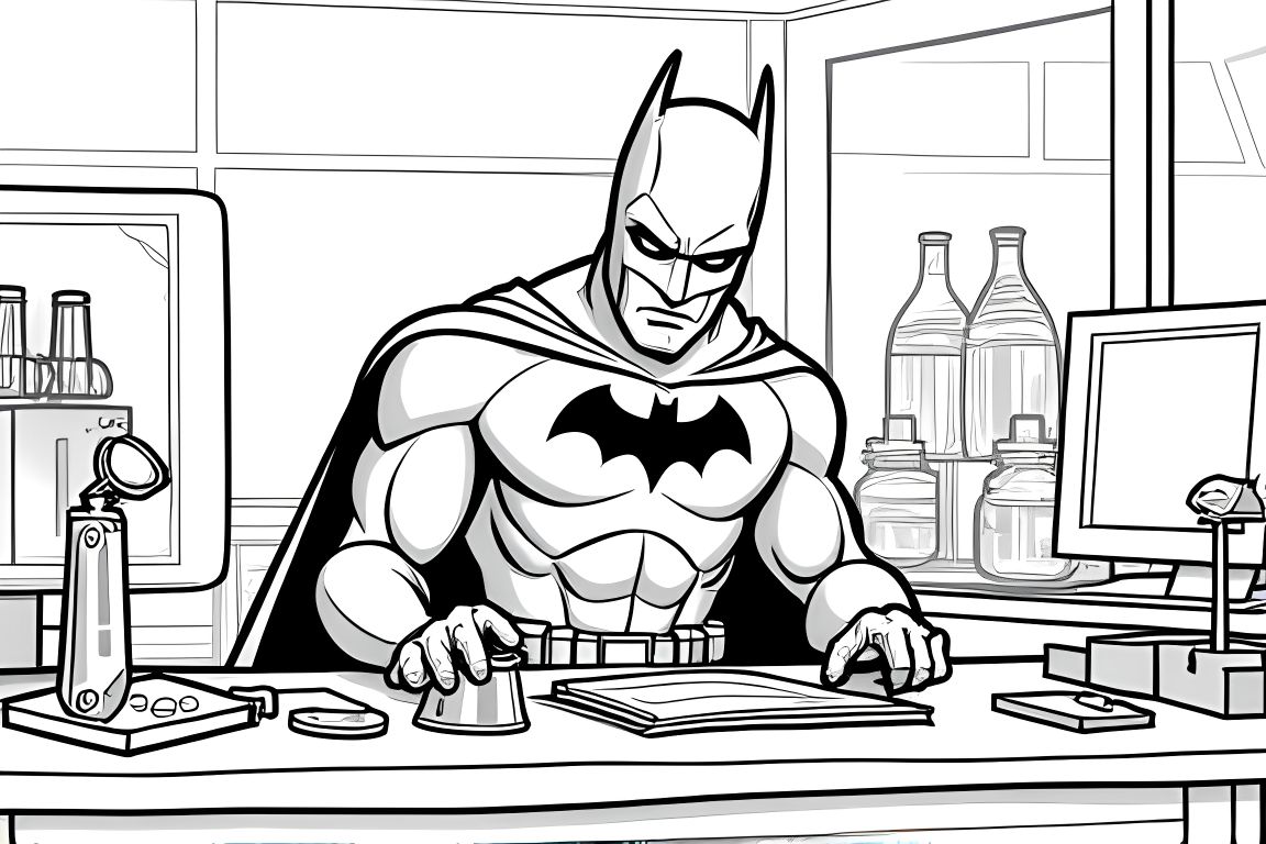 Children's coloring illustration of Batman working in his Batcave laboratory