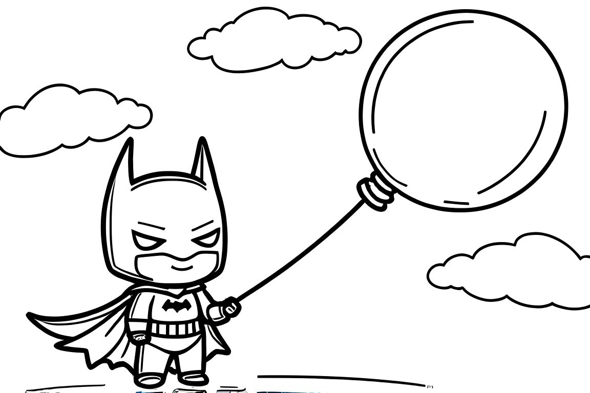 Simple children's coloring illustration of Batman with a big balloon for toddlers