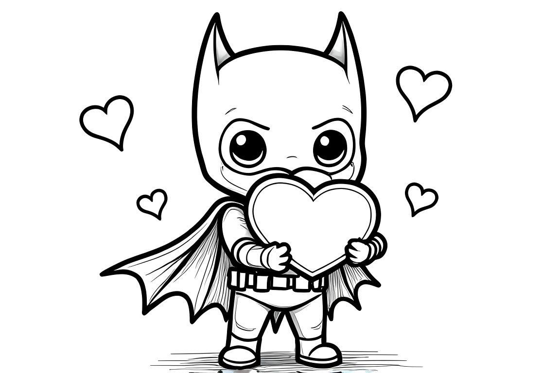 Easy children's coloring page of Batman with big heart for toddlers