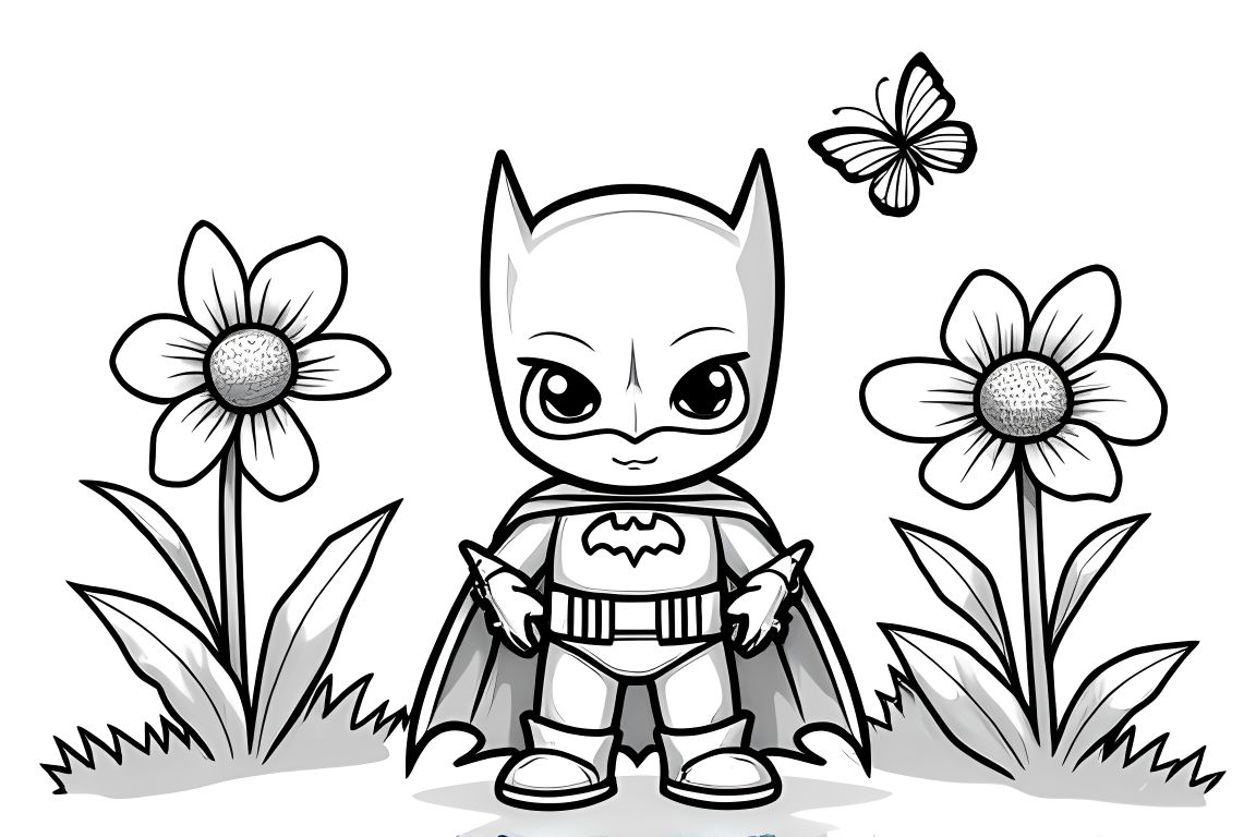 Easy children's coloring page of Batman in flower garden for toddlers
