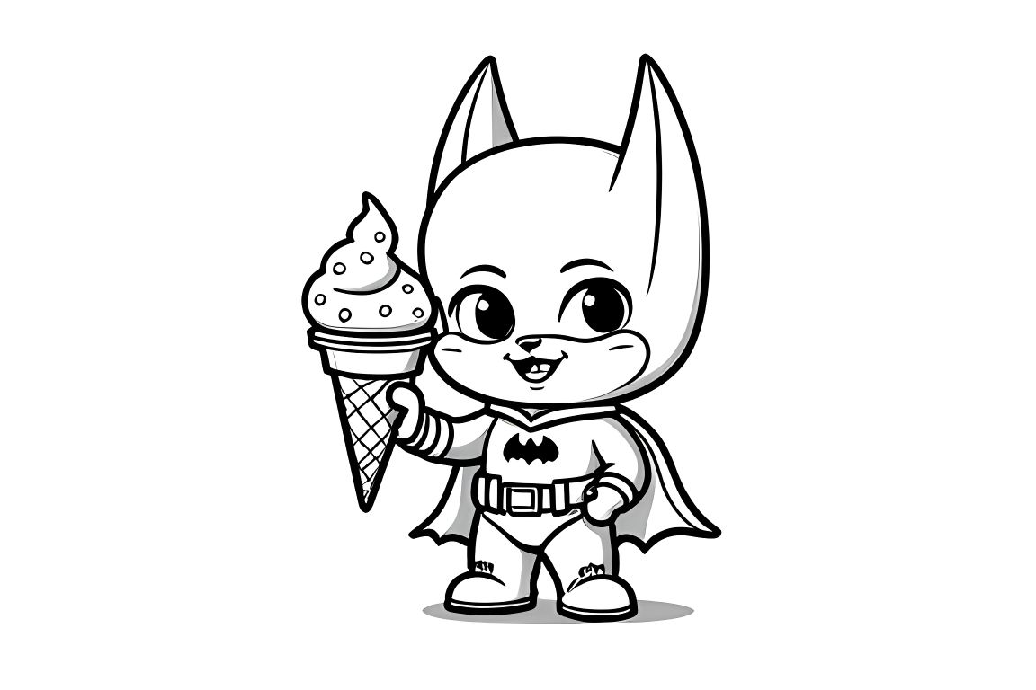 Easy children's coloring page of Batman with ice cream cone for toddlers