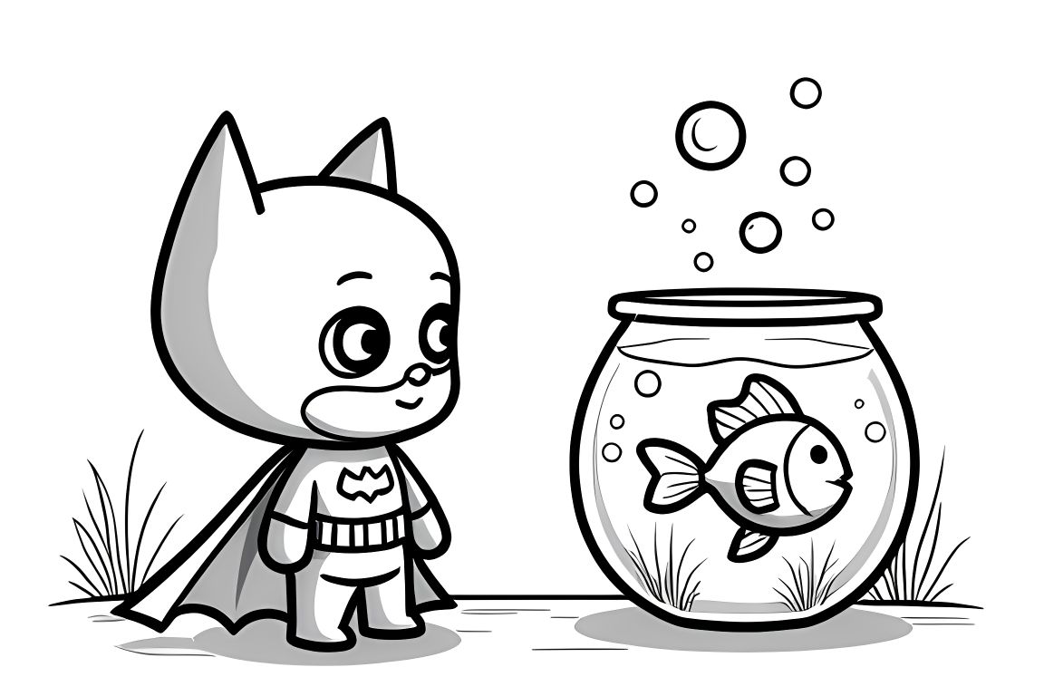 Simple children's coloring illustration of Batman with pet fish for toddlers