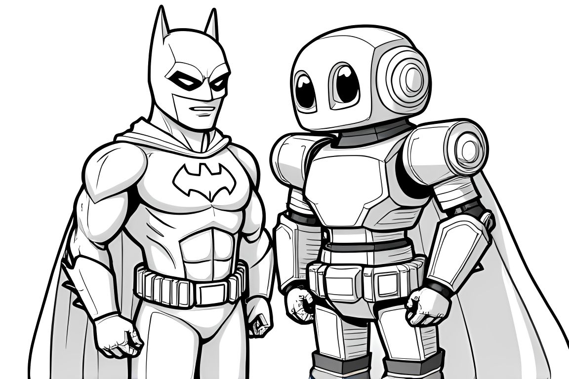 Children's coloring illustration of Batman with a friendly robot companion