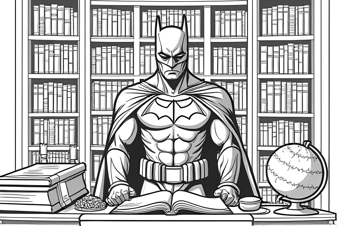 Detailed children's coloring illustration of Batman in his secret library