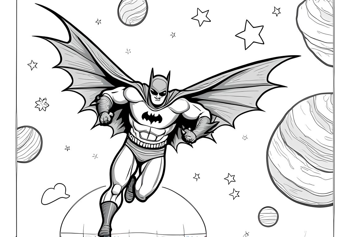 Children's coloring book page of Batman flying through space with planets and stars