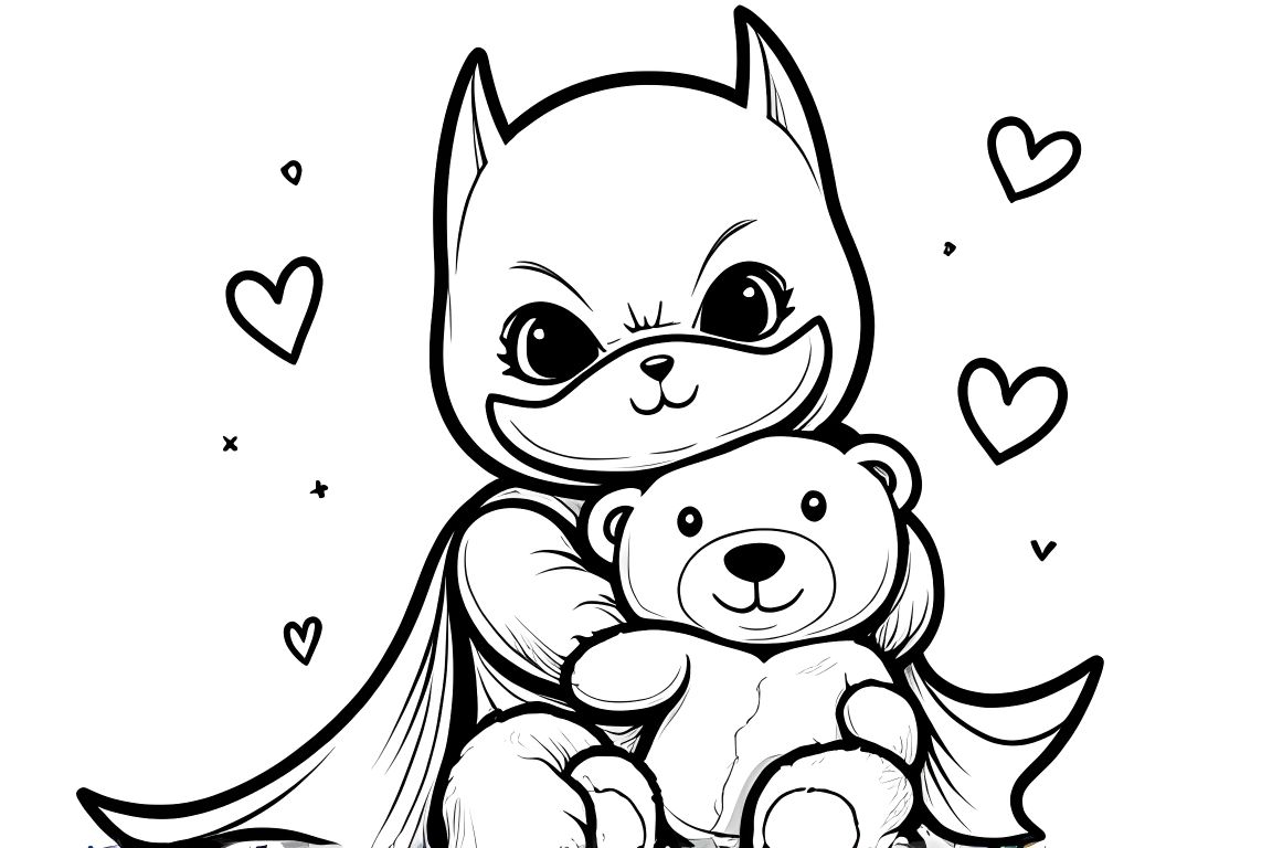 Easy children's coloring page of Batman hugging a teddy bear for toddlers