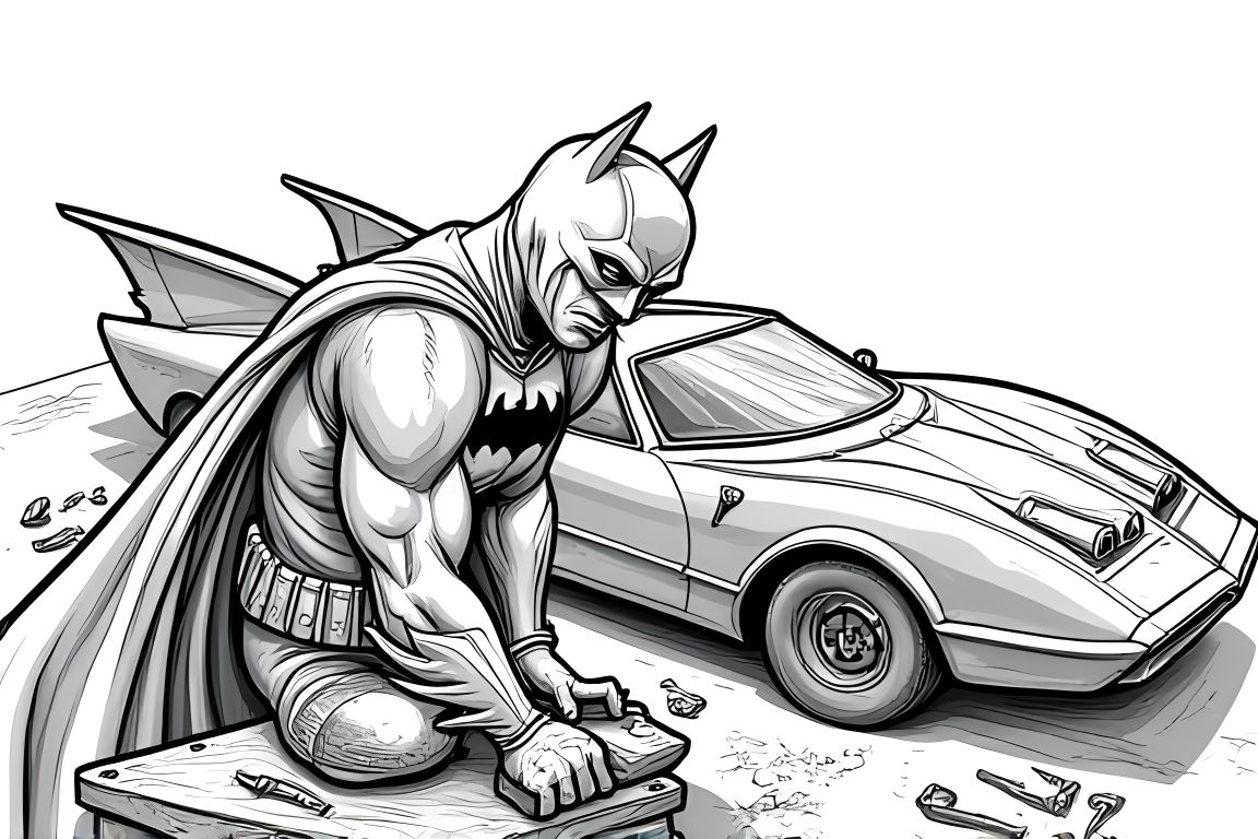 Detailed children's coloring page of Batman working on vehicles in his workshop