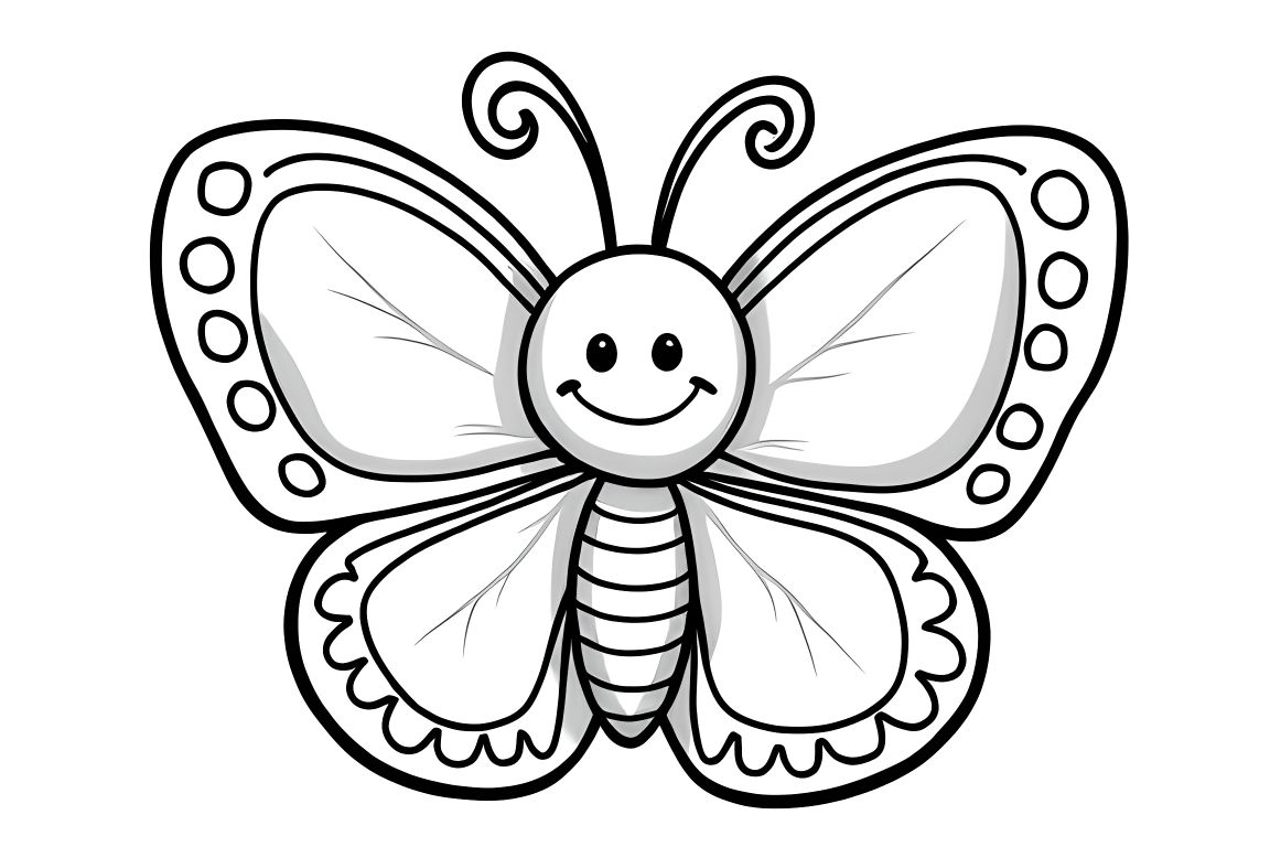 Simple children's coloring book page of a large smiling butterfly with basic wing patterns for toddlers