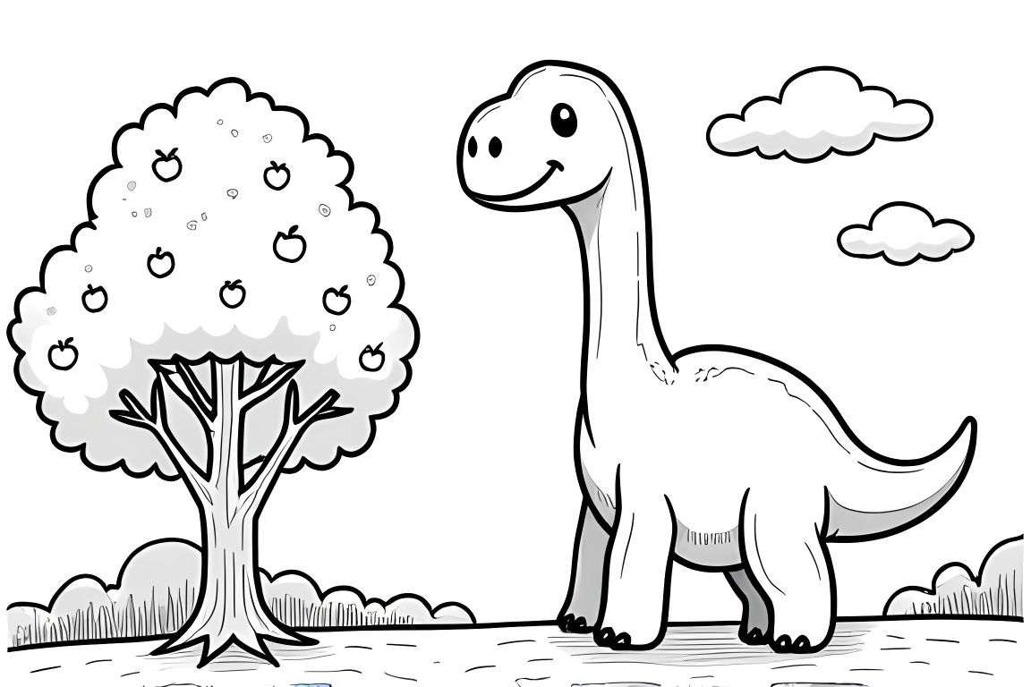Simple children's coloring book page featuring a friendly brachiosaurus reaching for apples on a tree