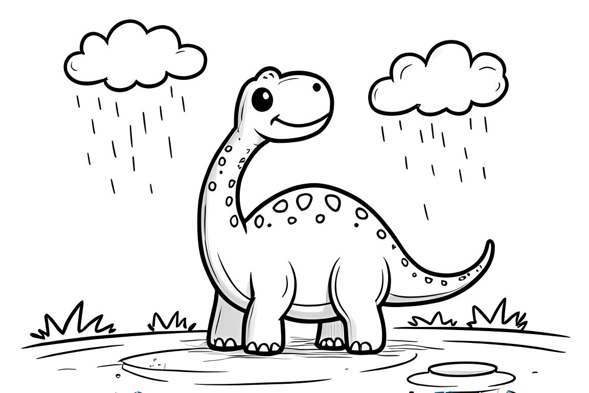 Simple children's coloring page of a happy brachiosaurus enjoying the rain, ideal for toddlers