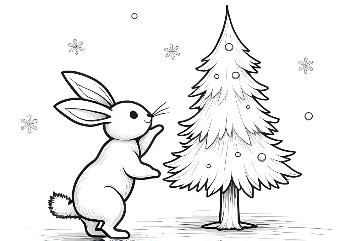 Simple children's coloring page of a rabbit decorating a small Christmas tree, ideal for toddlers