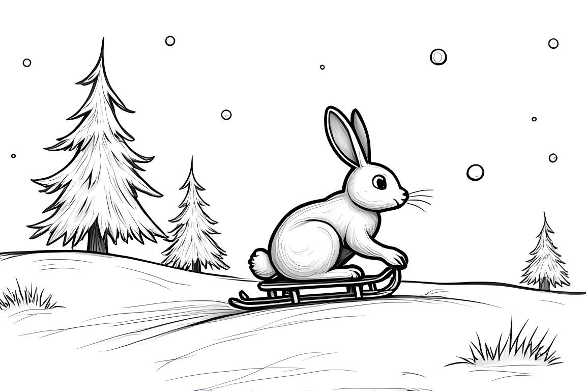 Children's coloring page of a happy rabbit sledding down a snowy hill in winter