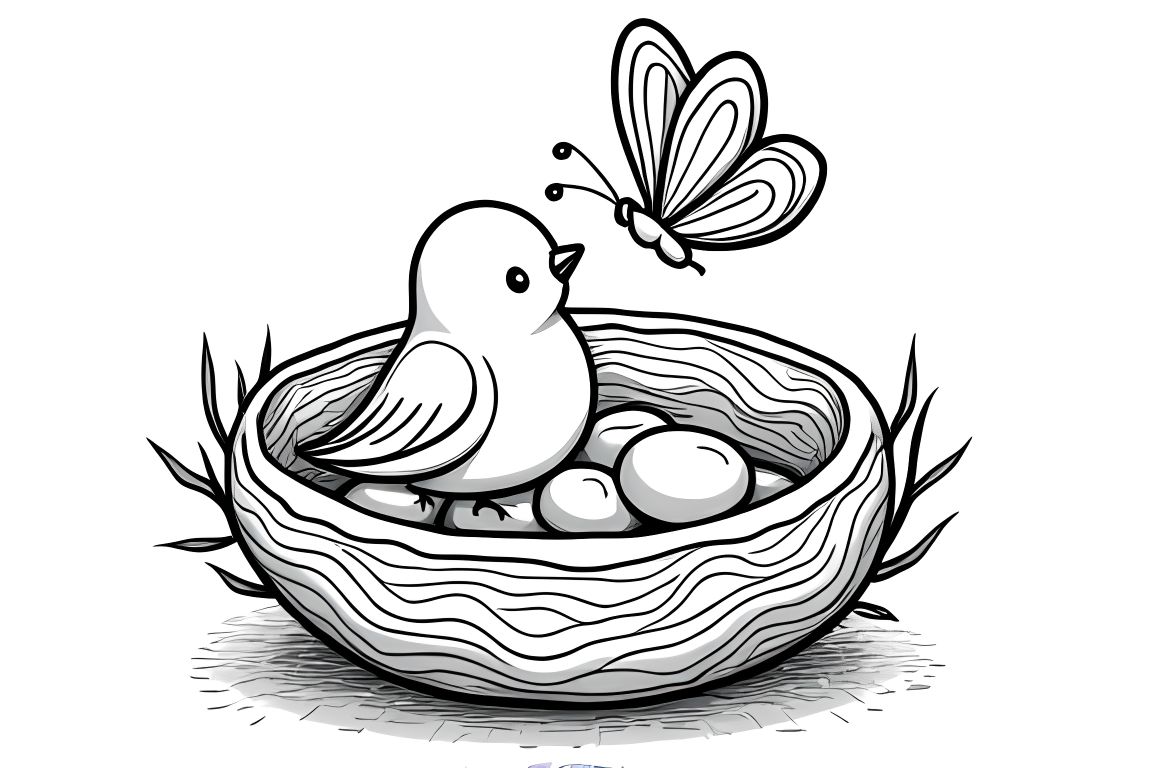 Simple children's coloring book illustration of a butterfly visiting a baby bird in its nest for toddlers