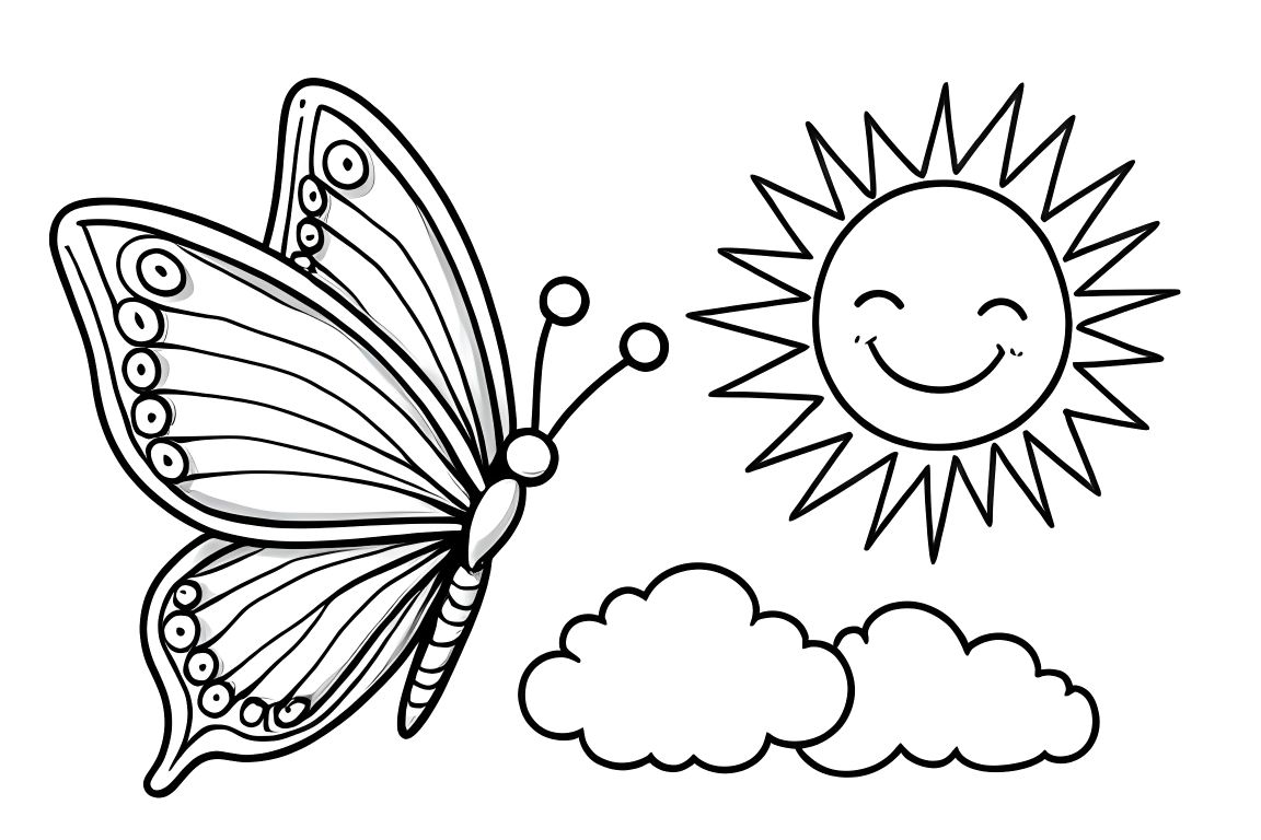 Simple children's coloring illustration of a butterfly flying near a happy sun for toddlers