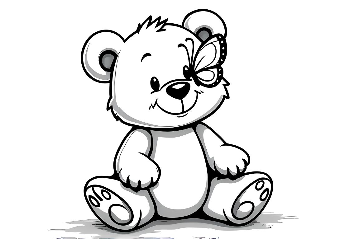 Simple children's coloring book page showing a butterfly on a teddy bear's nose for toddlers