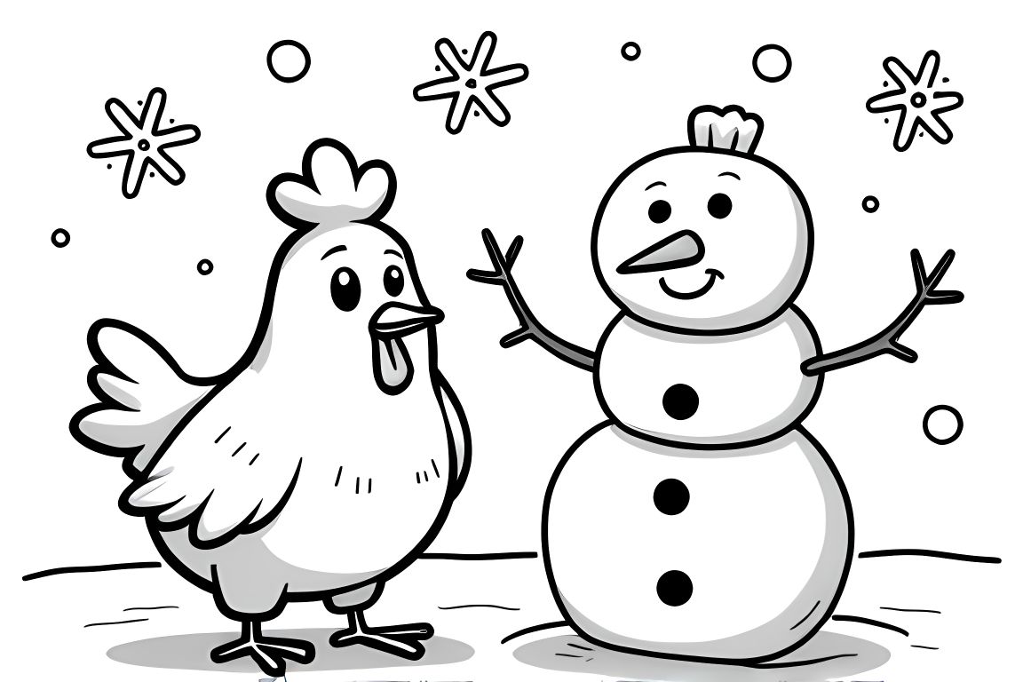 Simple children's coloring book page showing a chicken and snowman friendship scene