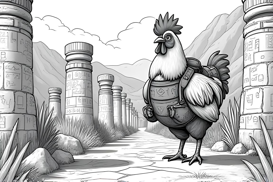 Intricate coloring book illustration of a chicken archaeologist exploring detailed ancient ruins