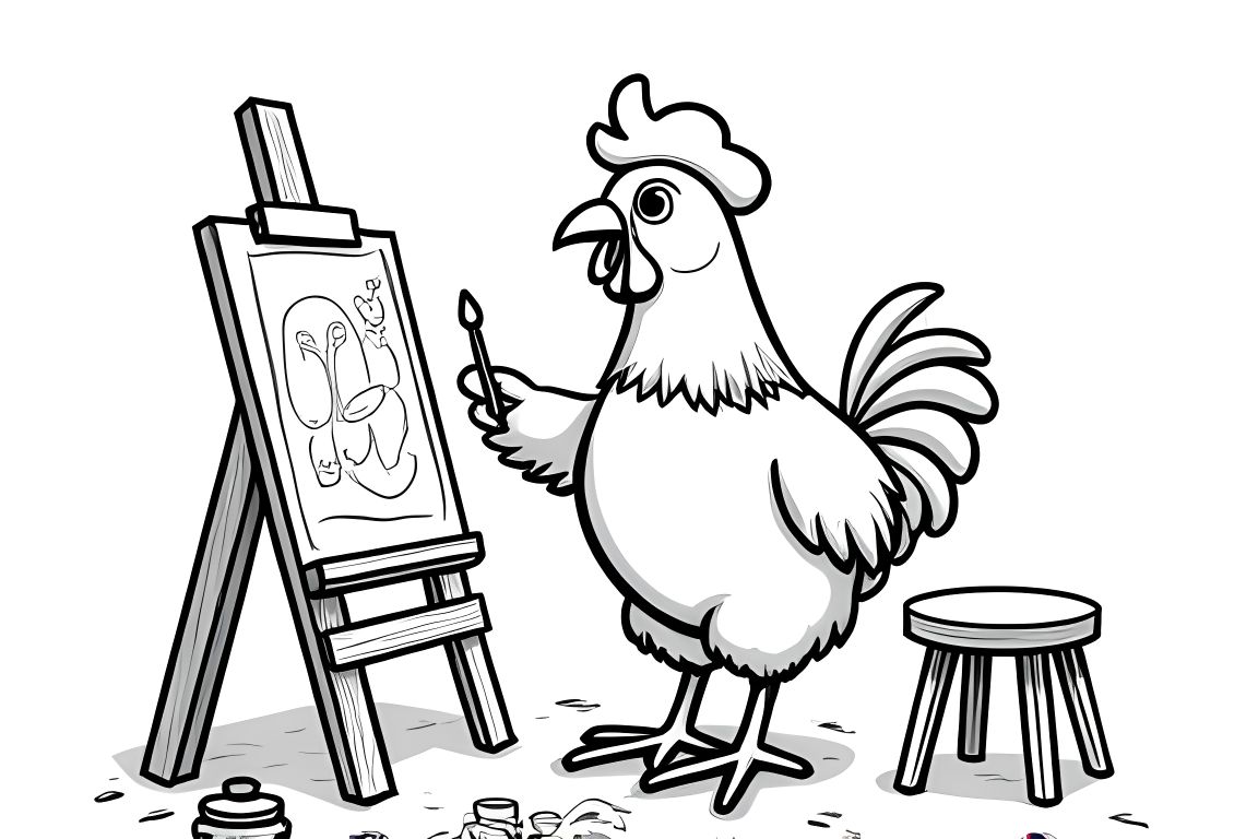 Coloring book page featuring a creative chicken painting at an easel