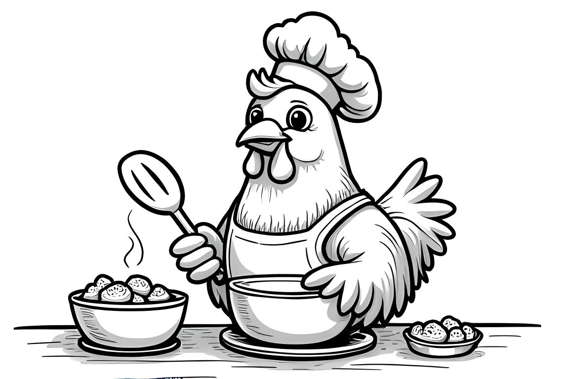 Coloring book illustration of a chicken baking treats in the kitchen