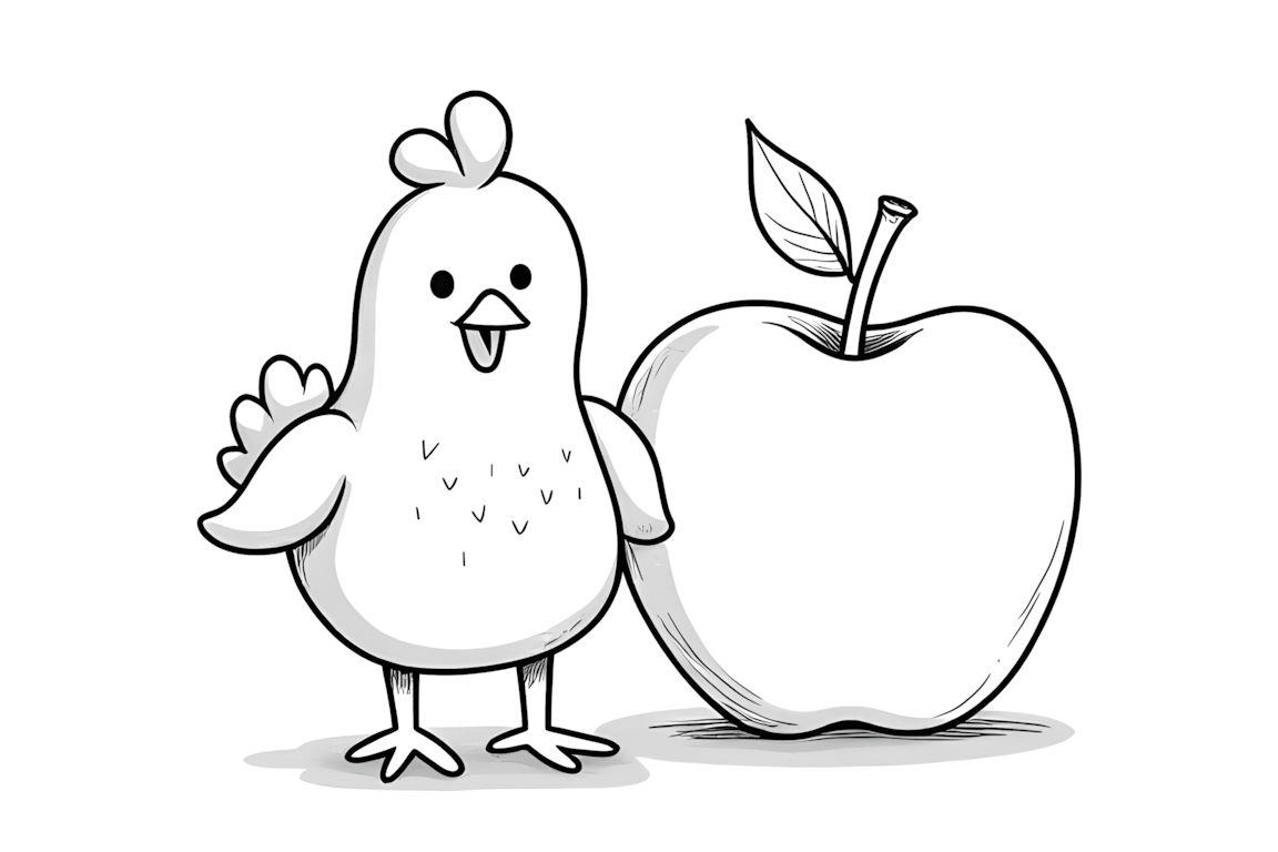 Simple coloring book illustration of a chicken with a big apple for young children
