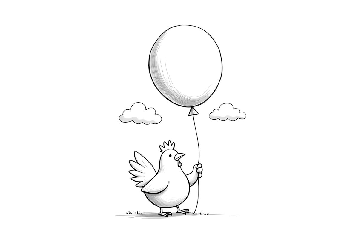 Easy coloring book illustration of a happy chicken with a large balloon for young children