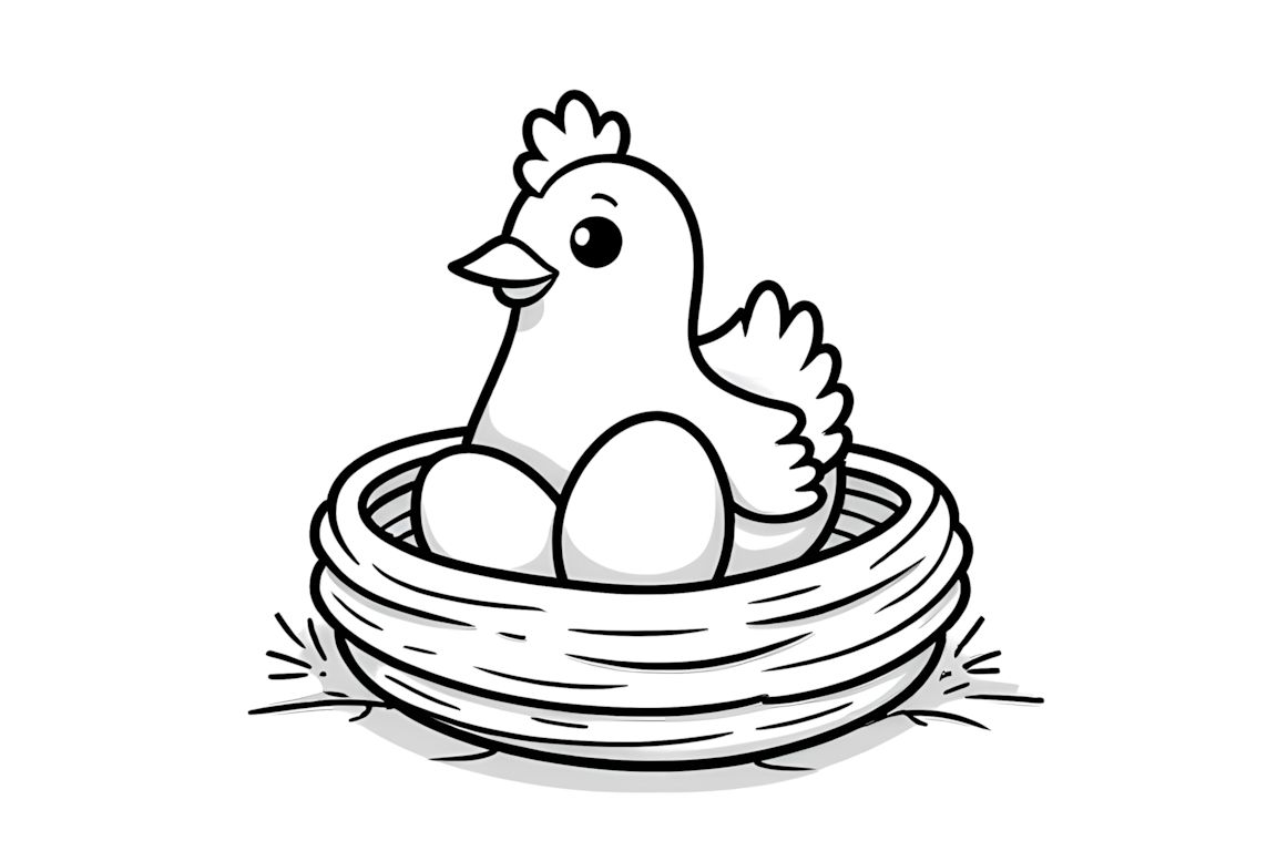 Easy coloring book page featuring a chicken in a big nest for young children