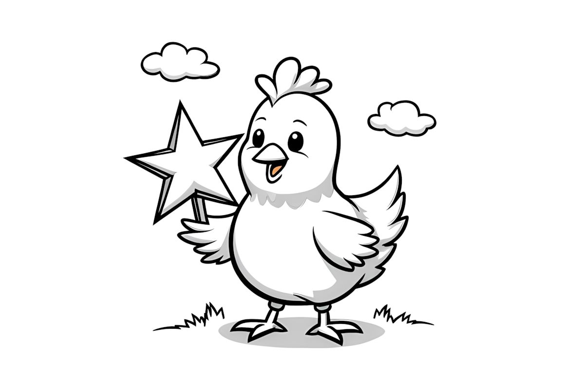 Easy coloring book illustration of a chicken holding a big star for young children