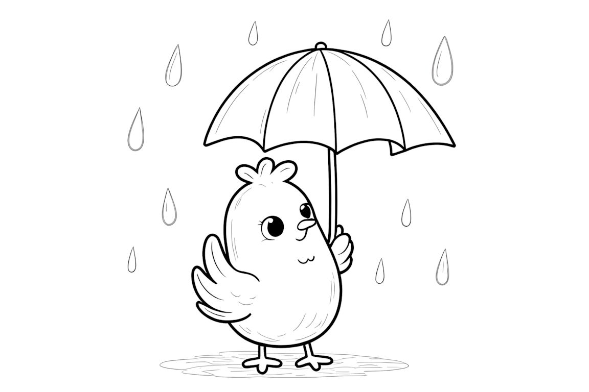 Simple coloring book page with a happy chicken holding a big umbrella for young children