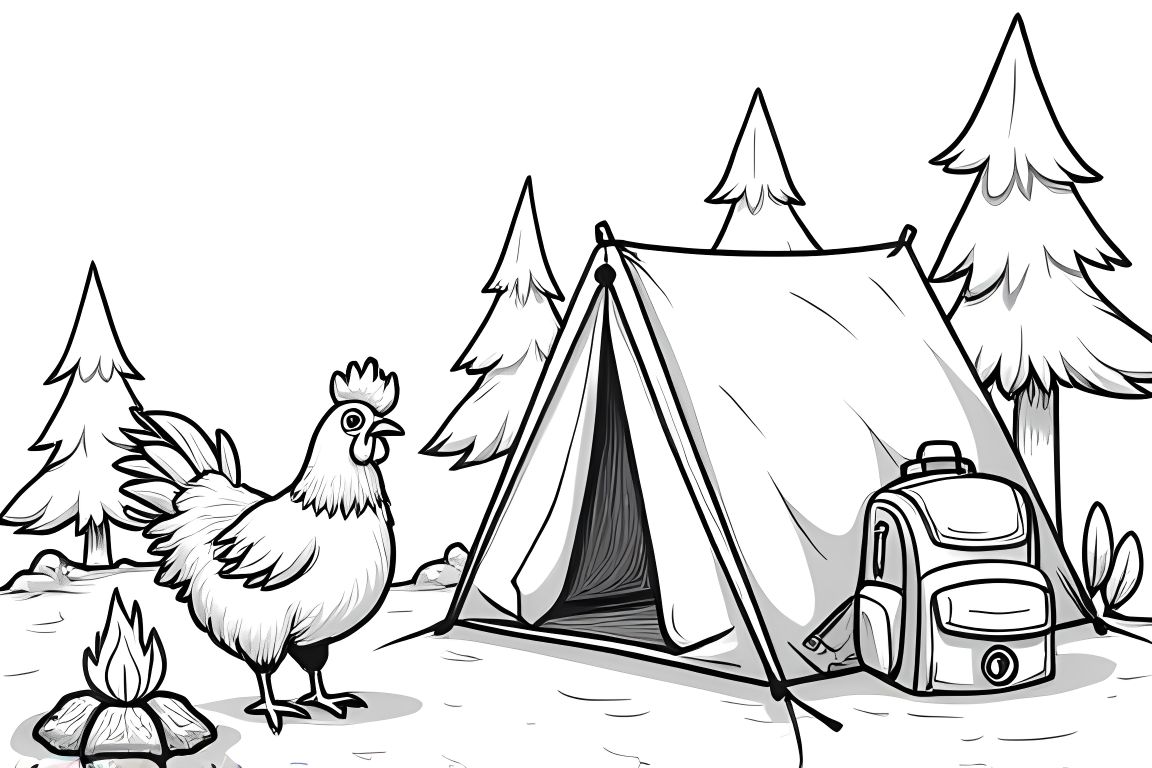 Coloring book illustration of a chicken enjoying a camping trip in nature