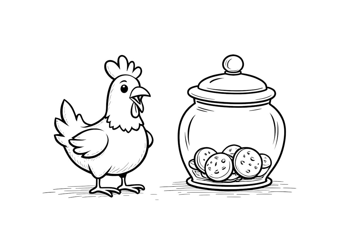 Simple coloring book page showing a chicken near a big cookie jar for young children