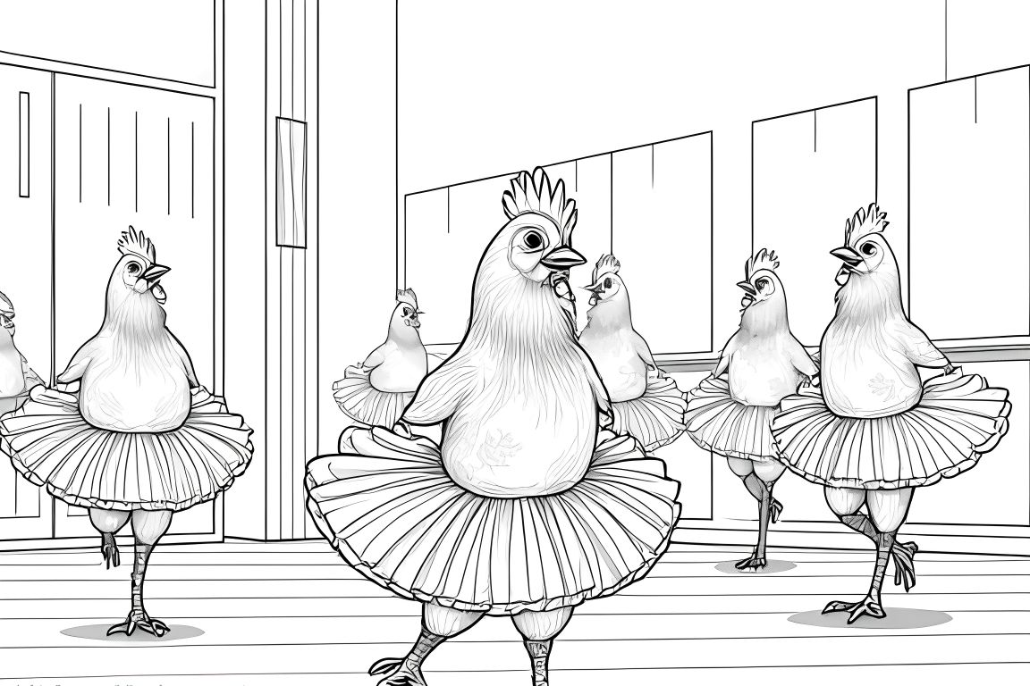 Fun coloring book page showing a chicken taking a dance class