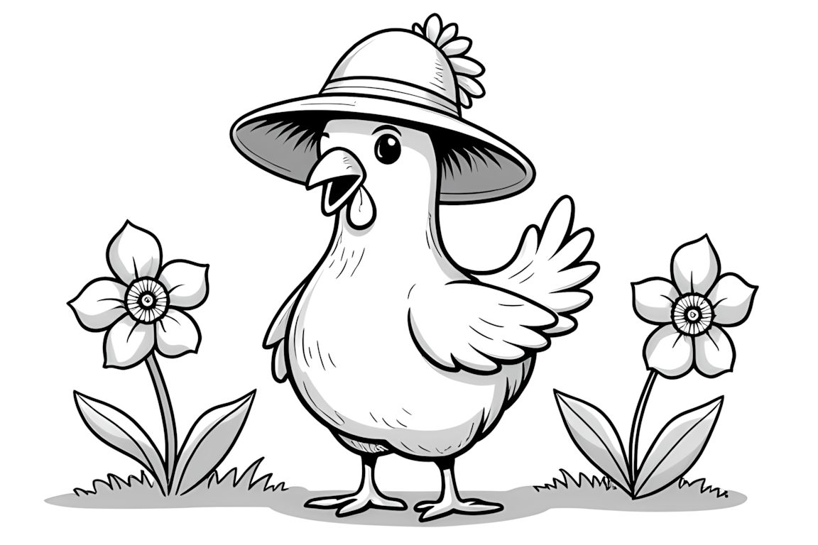 Simple coloring book illustration of a happy chicken wearing a big garden hat