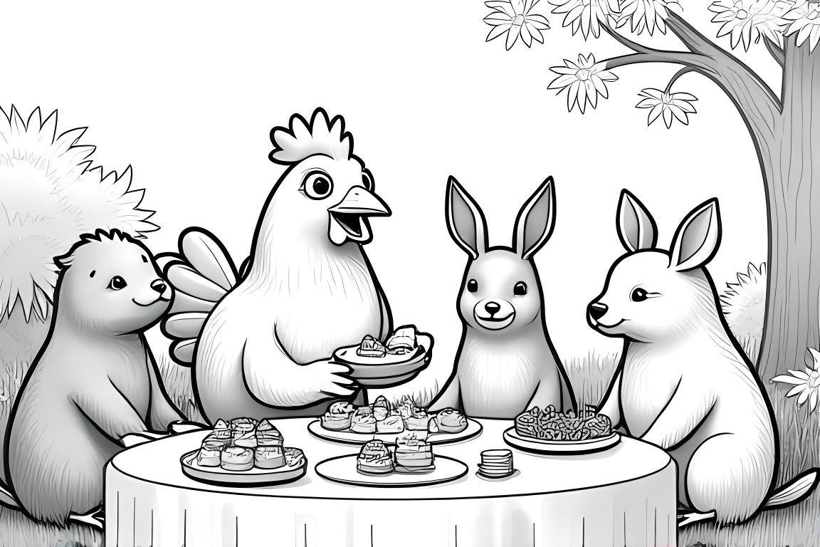 Coloring book illustration of a chicken hosting a lovely garden party