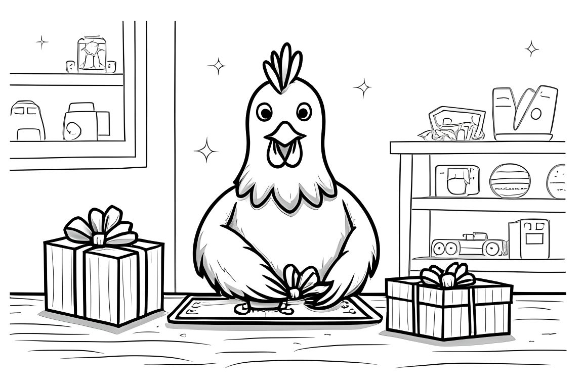 Children's coloring page showing a chicken wrapping Christmas presents