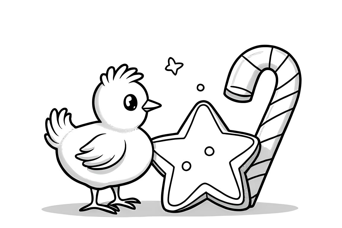 Simple children's coloring sheet of a chicken with a Christmas cookie for toddlers