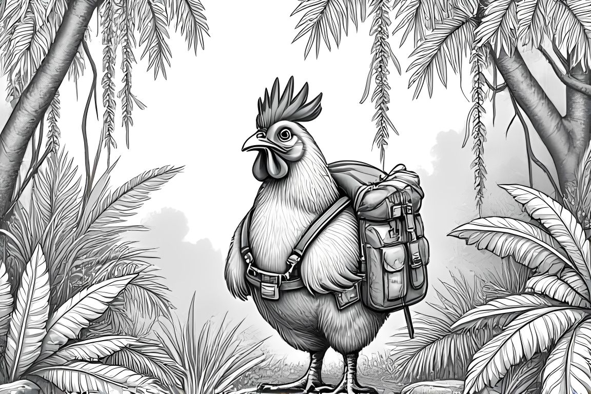 Intricate coloring book illustration of a chicken explorer discovering detailed jungle scenes