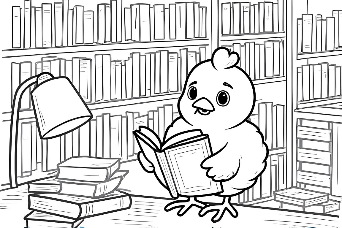 Coloring book page showing a chicken reading in a cozy library setting