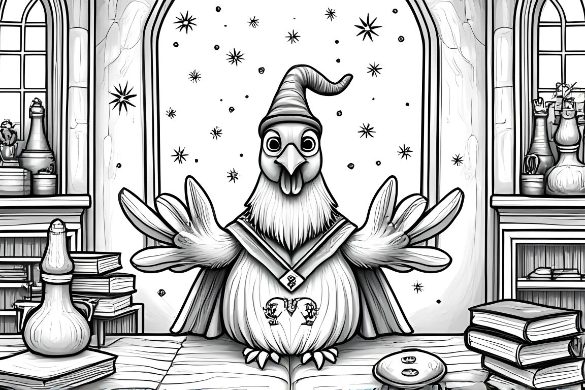 Intricate coloring book illustration of a chicken wizard practicing magic in an enchanted classroom