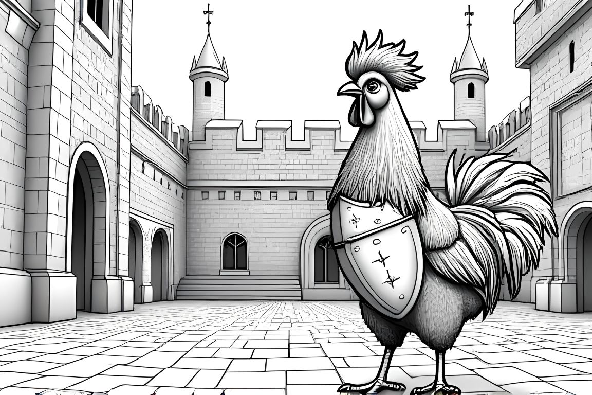 Intricate coloring book illustration of a chicken knight in a detailed medieval castle setting