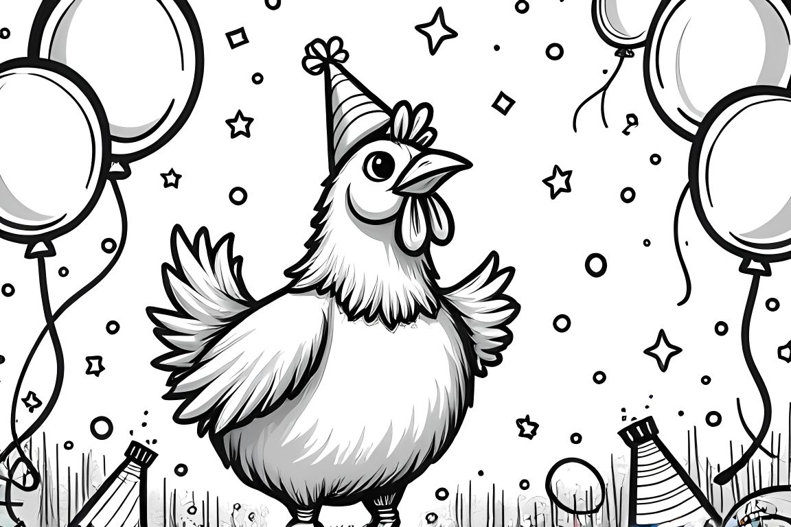 Detailed children's coloring page of a chicken hosting a New Year party