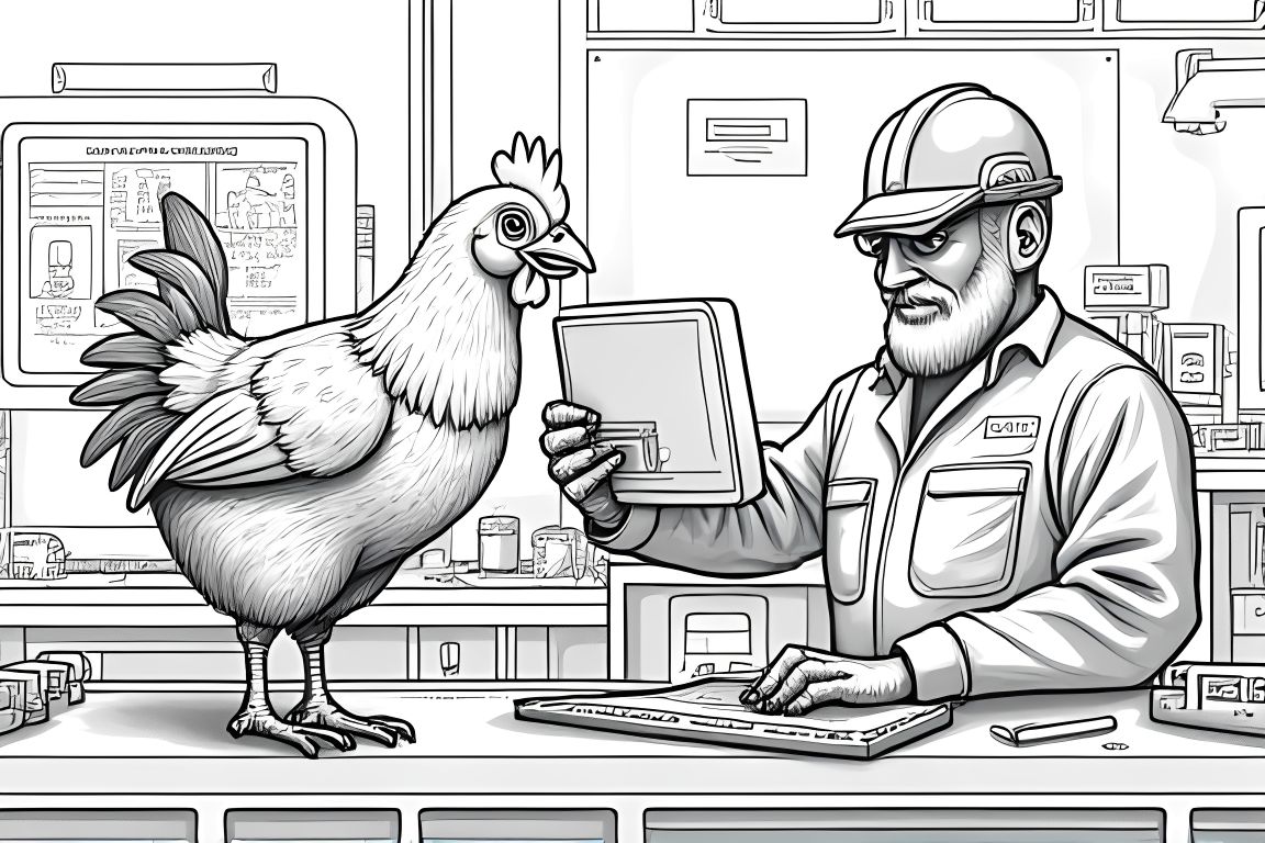 Detailed coloring book illustration of a chicken engineer building robots in a high tech factory