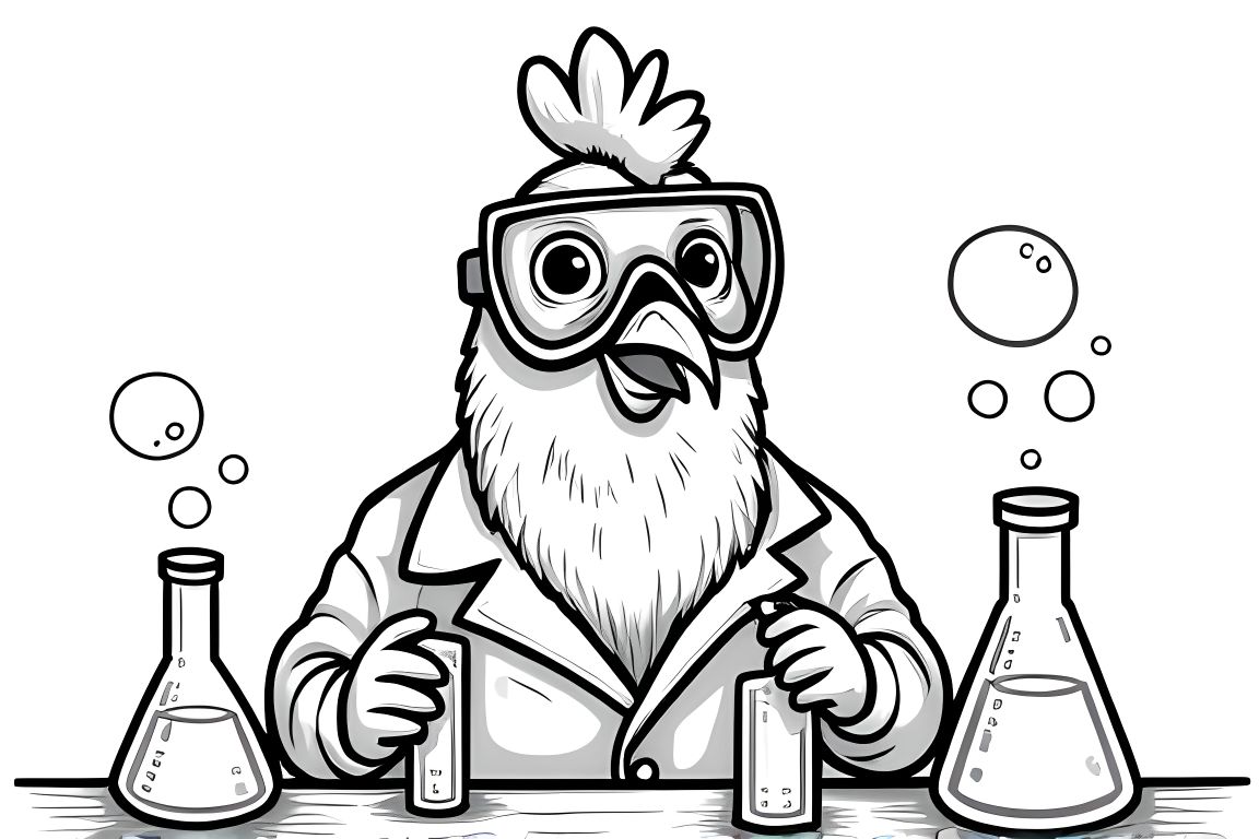 Coloring book page featuring a chicken scientist conducting experiments
