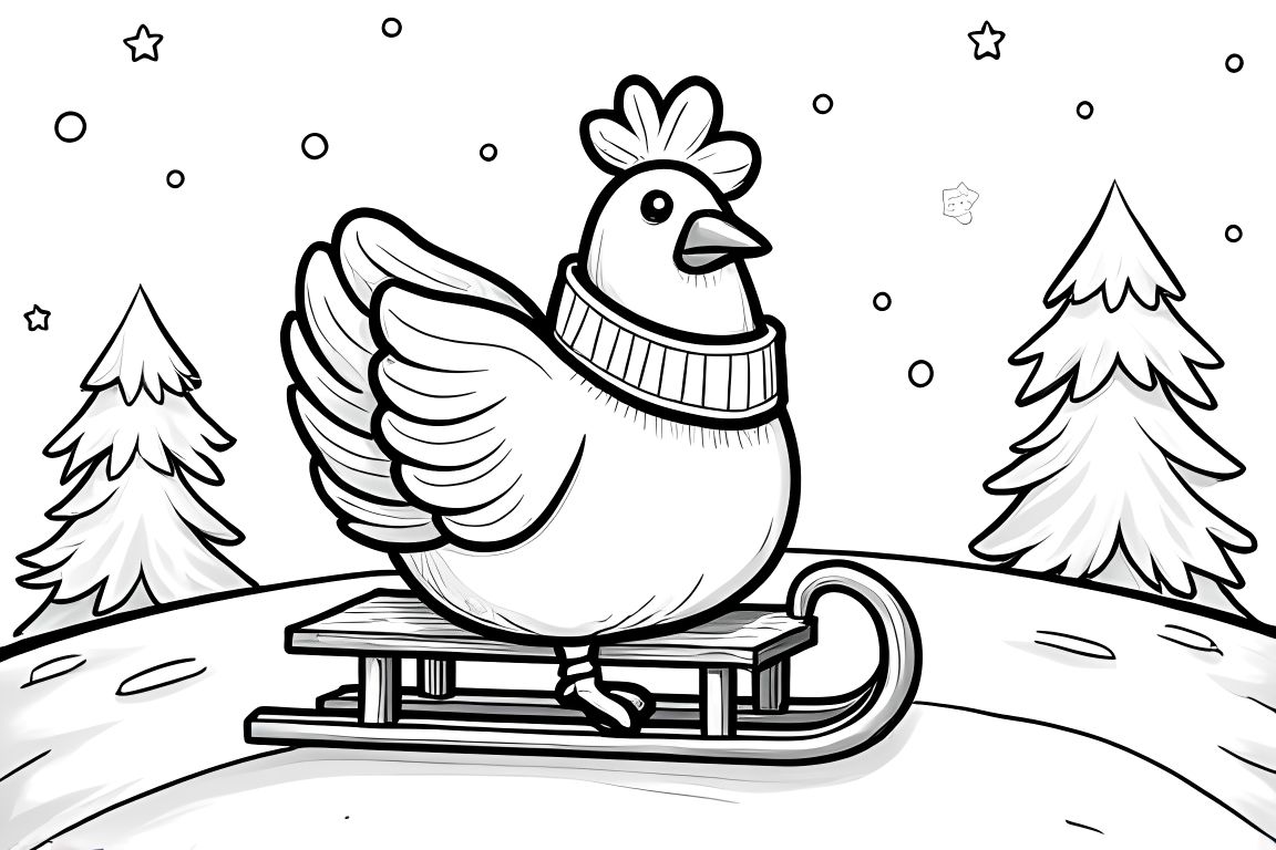 Fun children's coloring page featuring a chicken sledding down a snowy hill