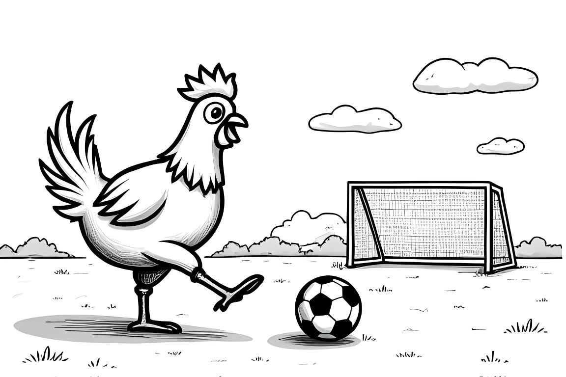 Fun coloring book illustration of a chicken playing soccer with animal friends