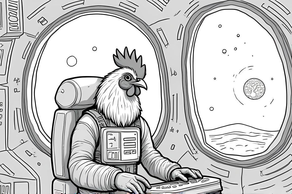 Detailed coloring book illustration of a chicken astronaut working on an intricate space station