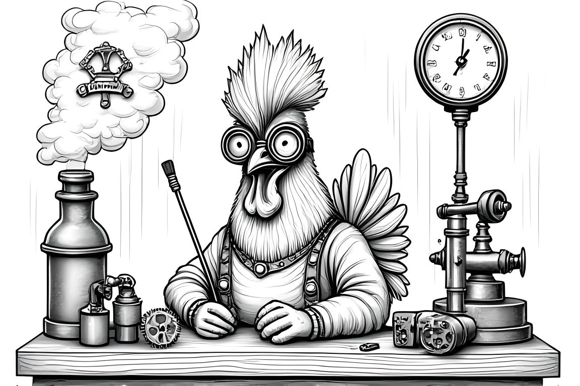 Intricate coloring book page featuring a chicken inventor in a steampunk workshop