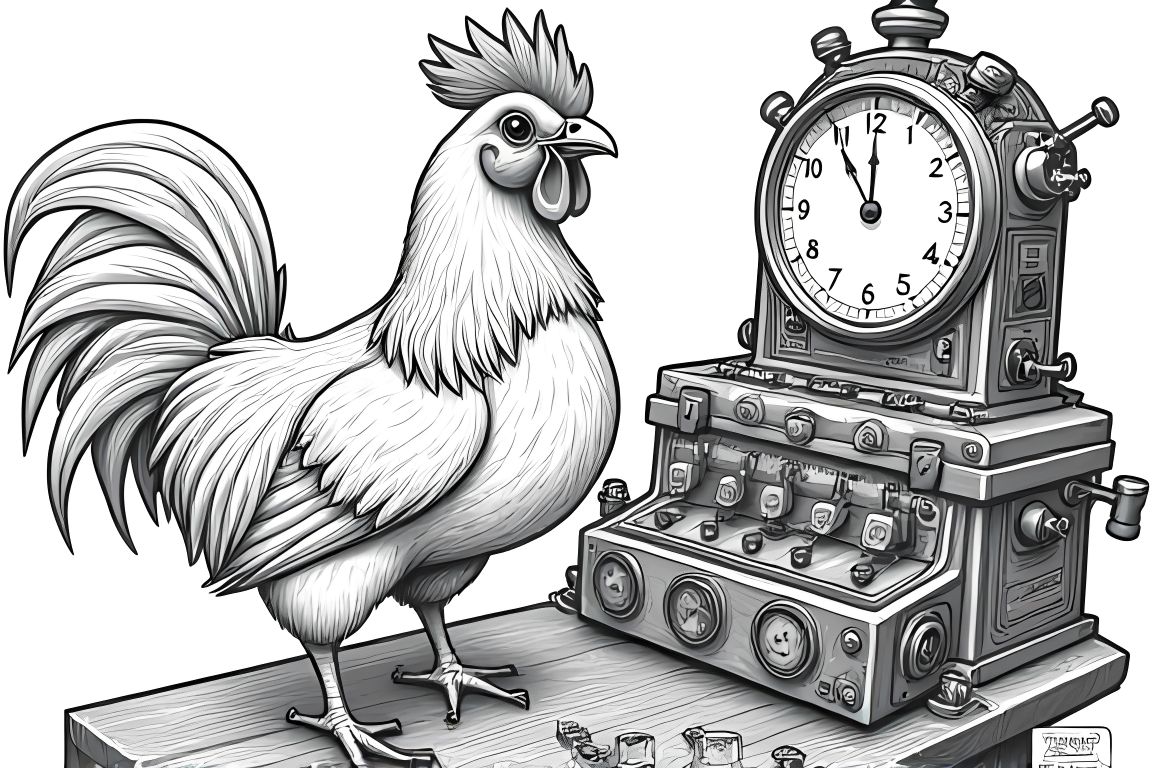 Detailed coloring book illustration of a chicken piloting an intricate time machine