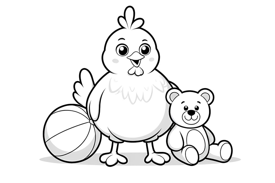 Easy children's coloring book illustration of a happy chicken playing with simple toys